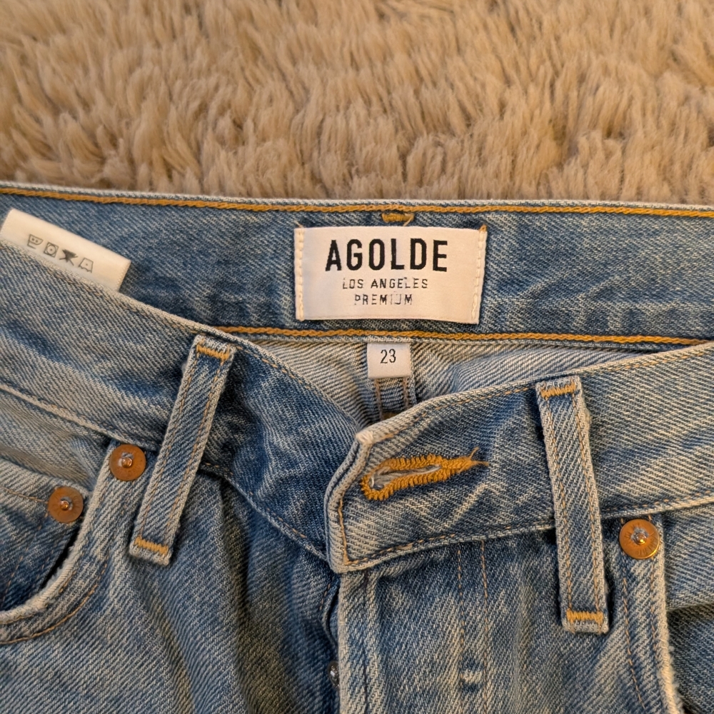 Agolde Ripped Light Blue Straight Leg Jeans - Picture 2 of 3